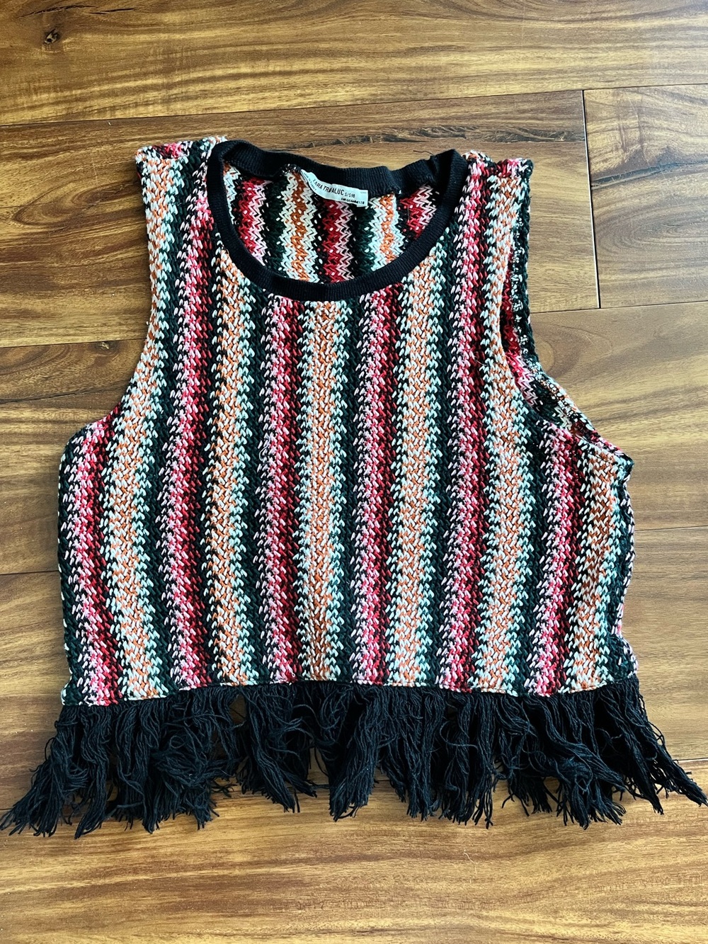 Zara Trafaluc Striped Fringe Knit Crop Tank